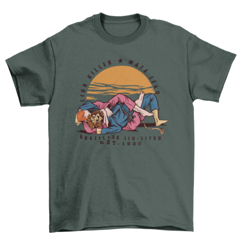 Strong man and lion practicing Brazilian jiu jitsu sport t-shirt