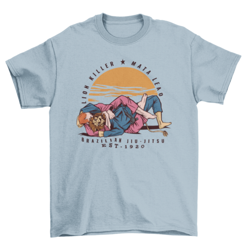 Strong man and lion practicing Brazilian jiu jitsu sport t-shirt