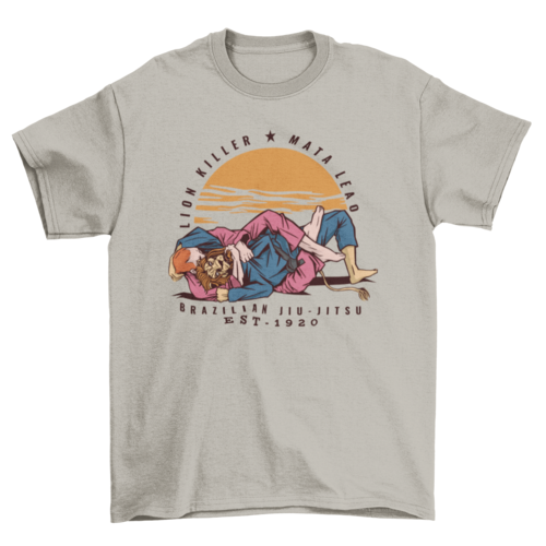 Strong man and lion practicing Brazilian jiu jitsu sport t-shirt