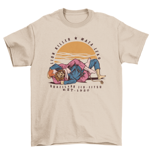 Strong man and lion practicing Brazilian jiu jitsu sport t-shirt